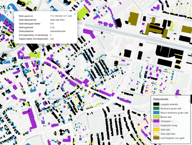 Voorbeeld van dakpotentie met de Duurzame Daken Kansen Kaart DDKK